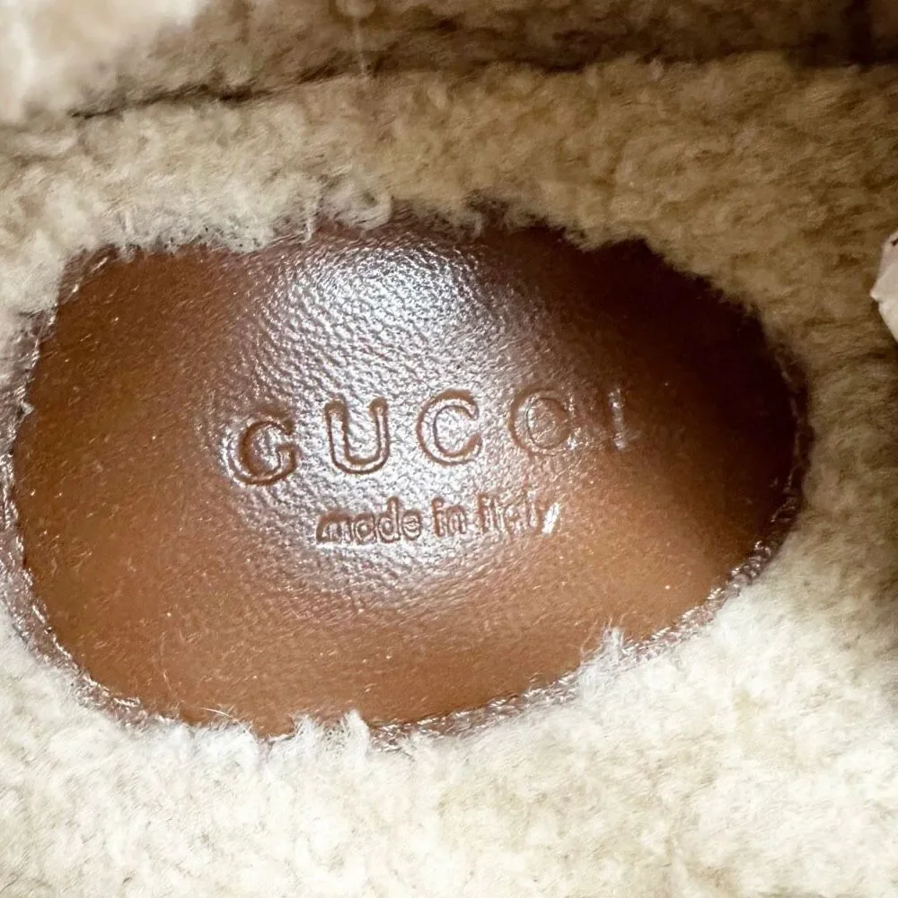 GUCCI Brown Suede Shearling Ace Sneakers Size 39 US 8.5 High Top Web Stripe Fur